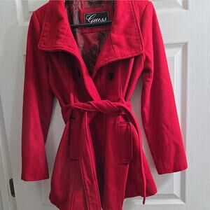 Guess Women's Red lined Pea Coat Collared or High Neck Belted Petite Small